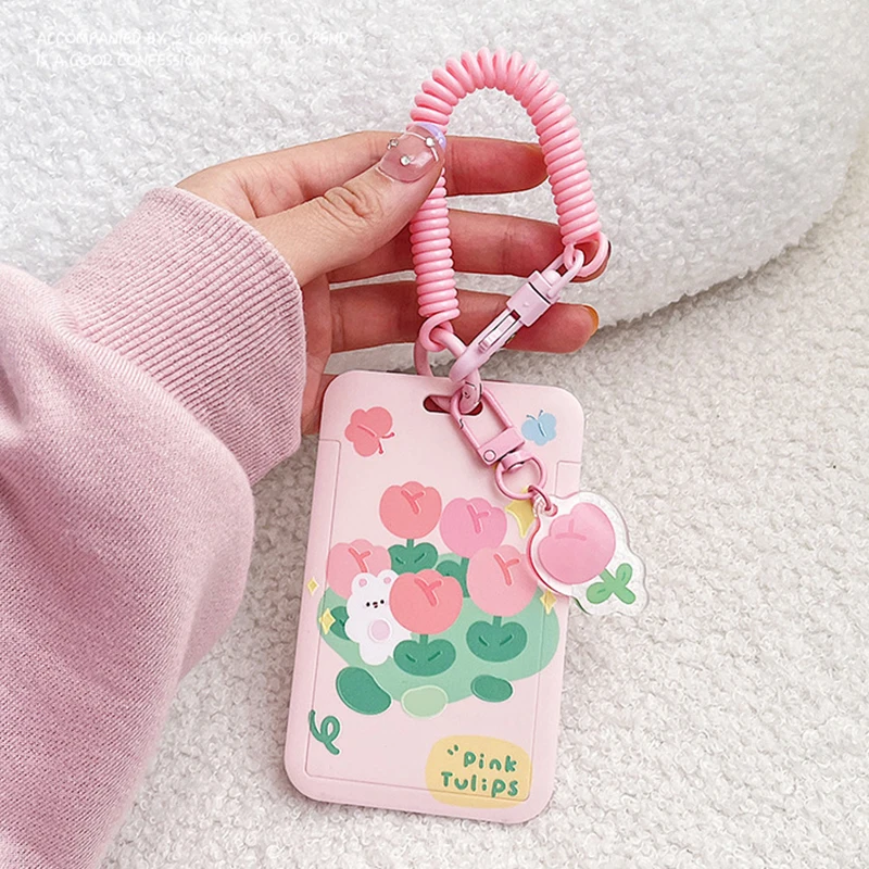 

Cartoon Tulip Lucky Bear Ins Photocard Holder Keychain Students Card Protectors Pink ID Bank Cards Cover School Stationery