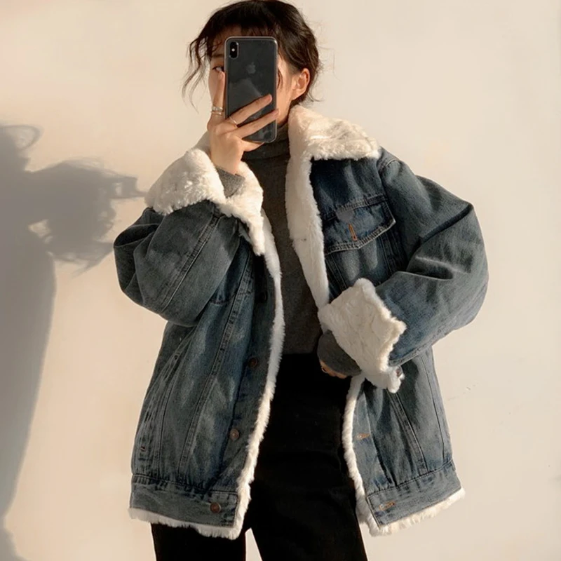 

Pop Women Denim Jacket Autumn Winter Nice Casual Vintage Plus Velvet Liner Thick Warm All-match Loose Denim Coat Outerwear
