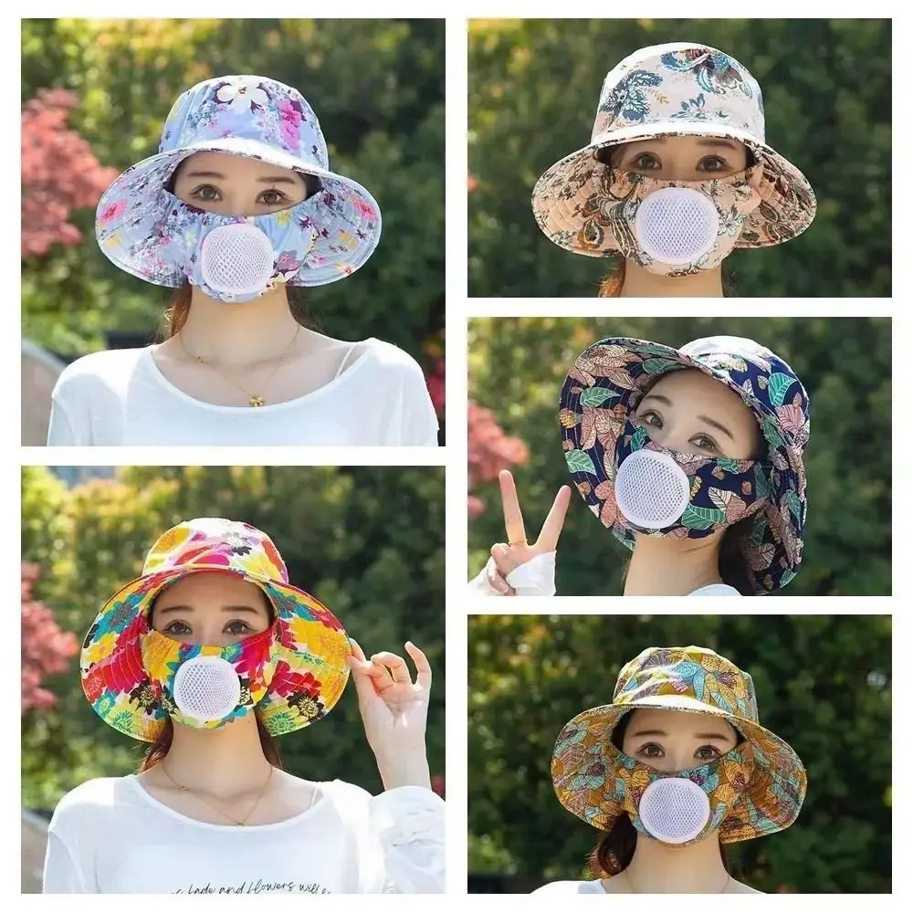 Outdoor Floral Tea Picking Cap Wide Brim with Breathing Hole Mask Sun Visor Cap Neck Protection Anti-UV Sun Hat for Women 3