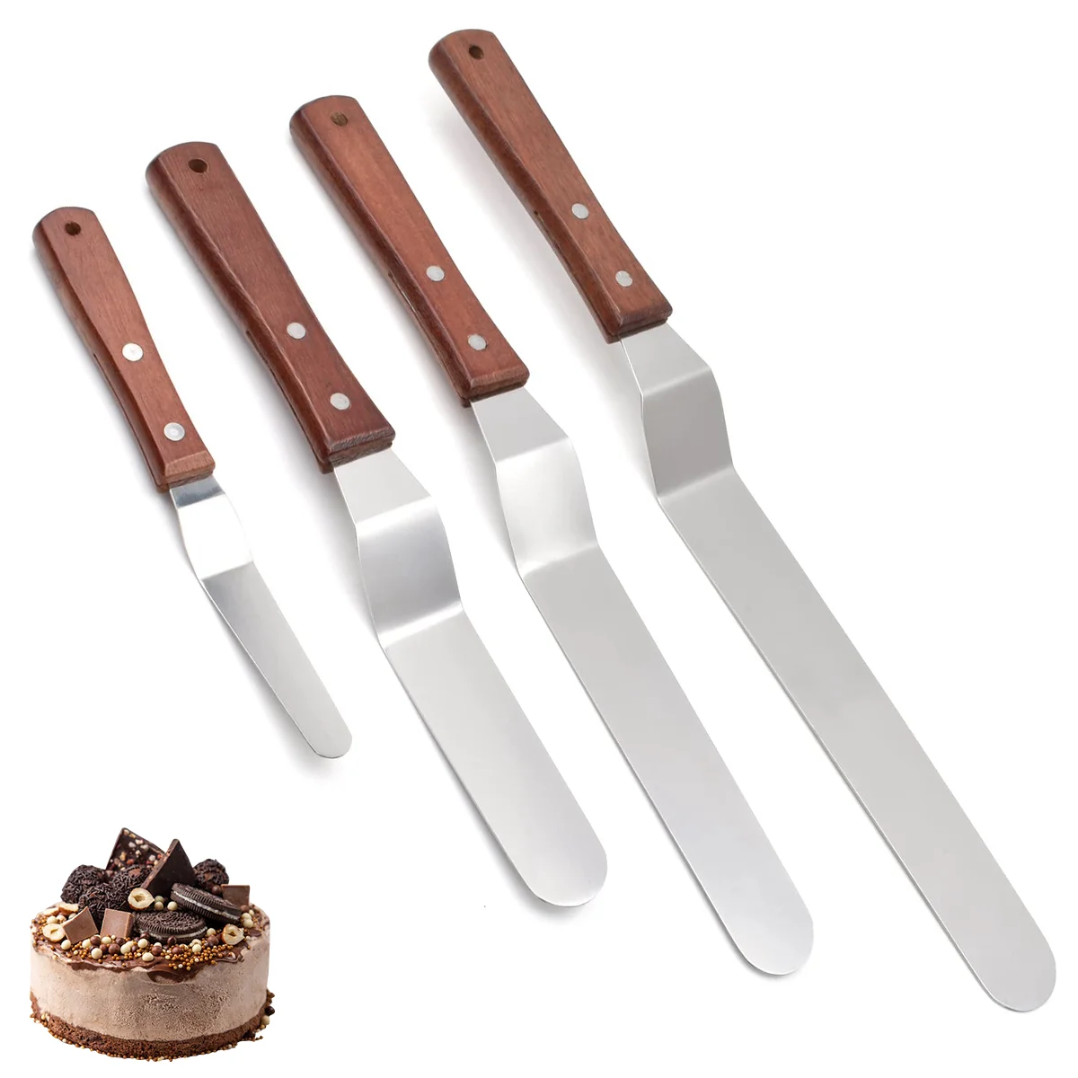 Espátula para Glaseado de Pasteles, 4”, 6”, 8”, 10”, Espátulas Profesionales de Acero Inoxidable para Decoración de Pasteles con Mango de Madera