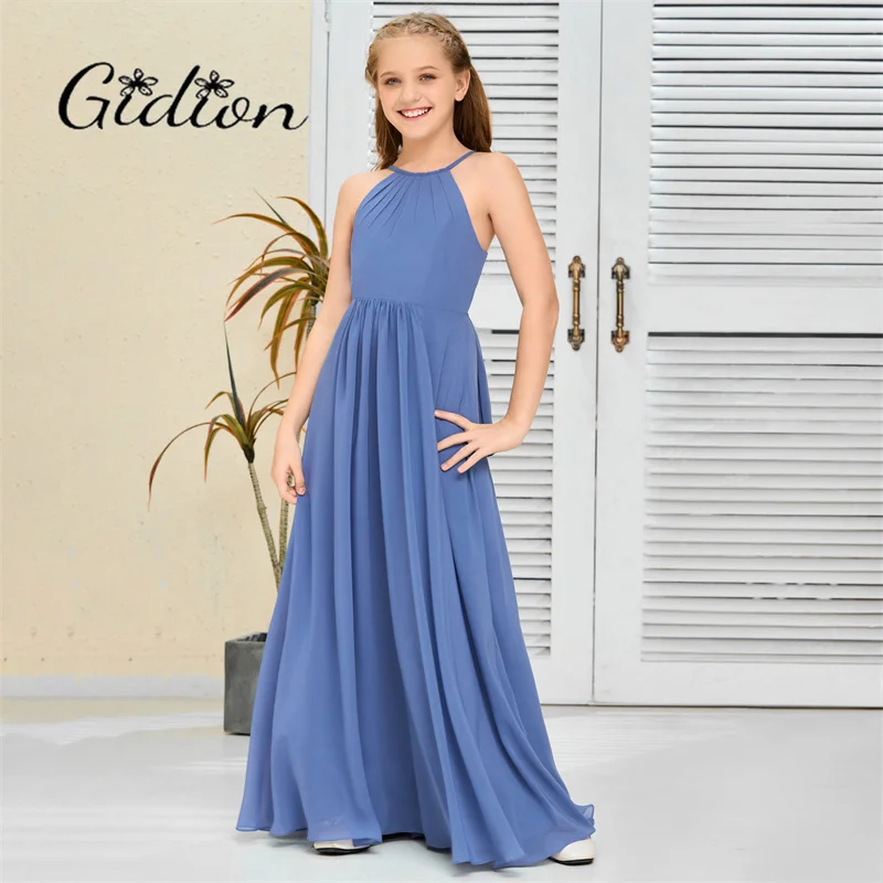 Chiffon Bridesmaid Dress com cintas de espaguete para crianças, cerimônia de casamento, aniversário, concurso, banquete de celebração Junior