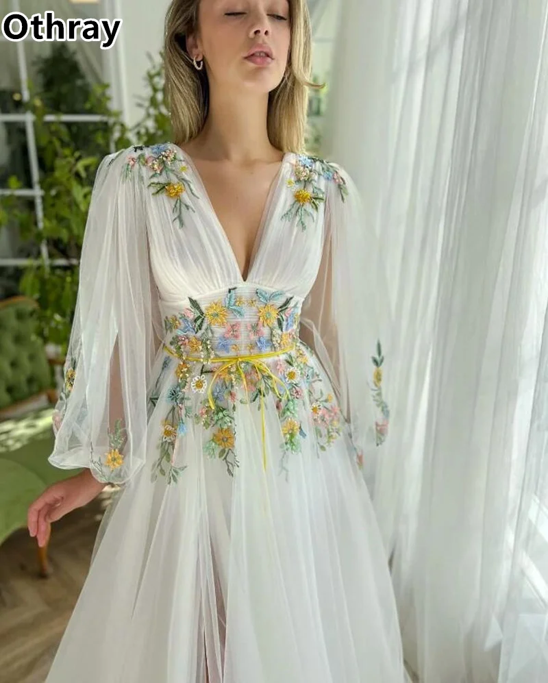 Othray-Robe de mariée en dentelle florale, coupe trapèze, manches longues bouffantes, fendue sur le devant, pour les patients, quel que soit le style Boho, 2024