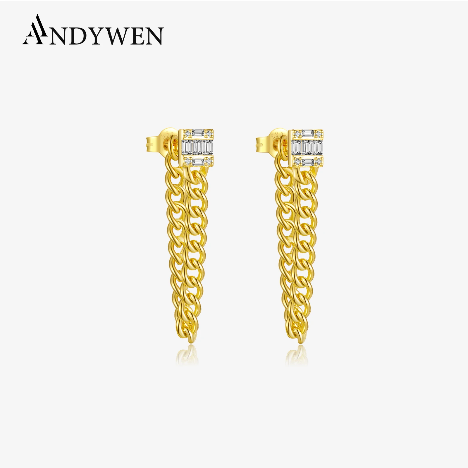 

ANDYWEN 925 2022 Sterling Silver Zircon CZ Stud Earring Locker Chain Piercing Pendiente Women Luxury 2023 Spring Jewelry Gift