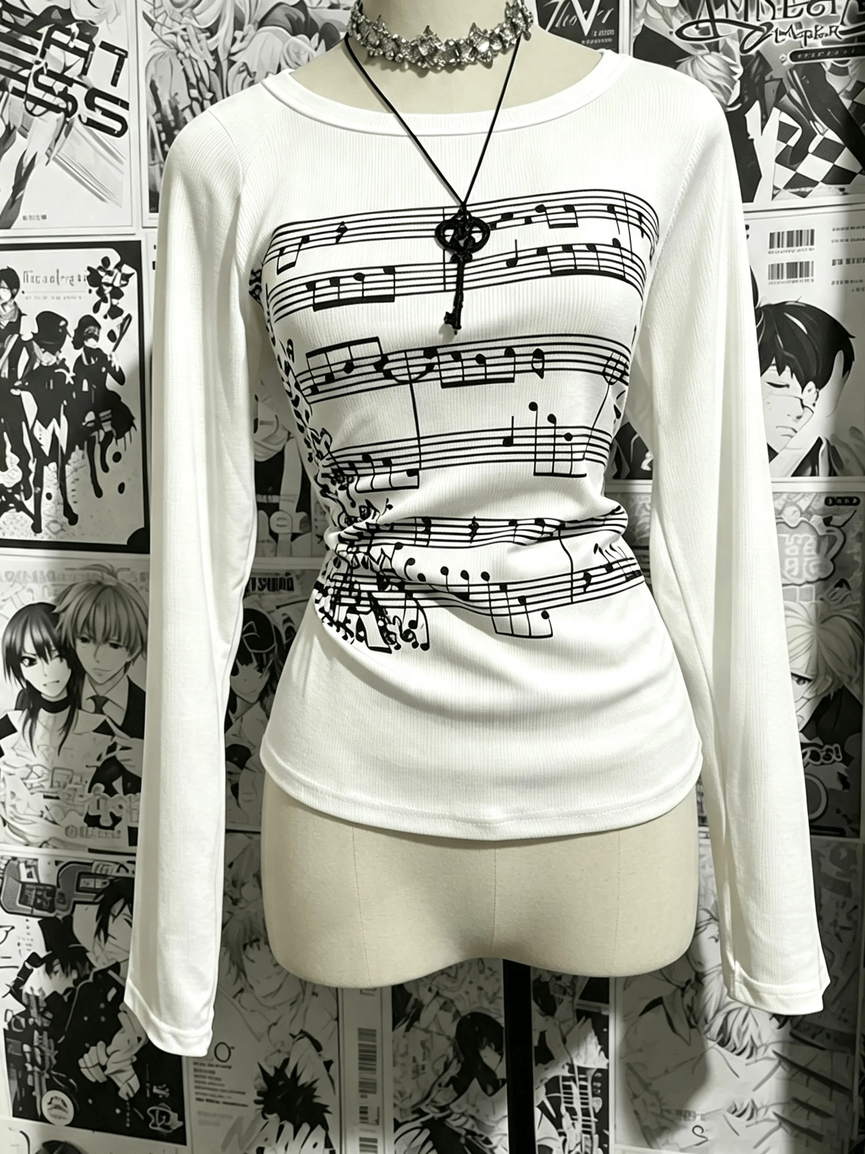 Women White Scoop Neck Ribbed Long Sleeve T-shirt, Black Staff Music Note Print Slim Y2K Layering Top