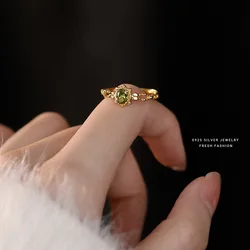 Real 925 Sterling Silver Olive Green Zircon Open Ring Cute Gift for Lady Mom Daughter Birthday Jewelry