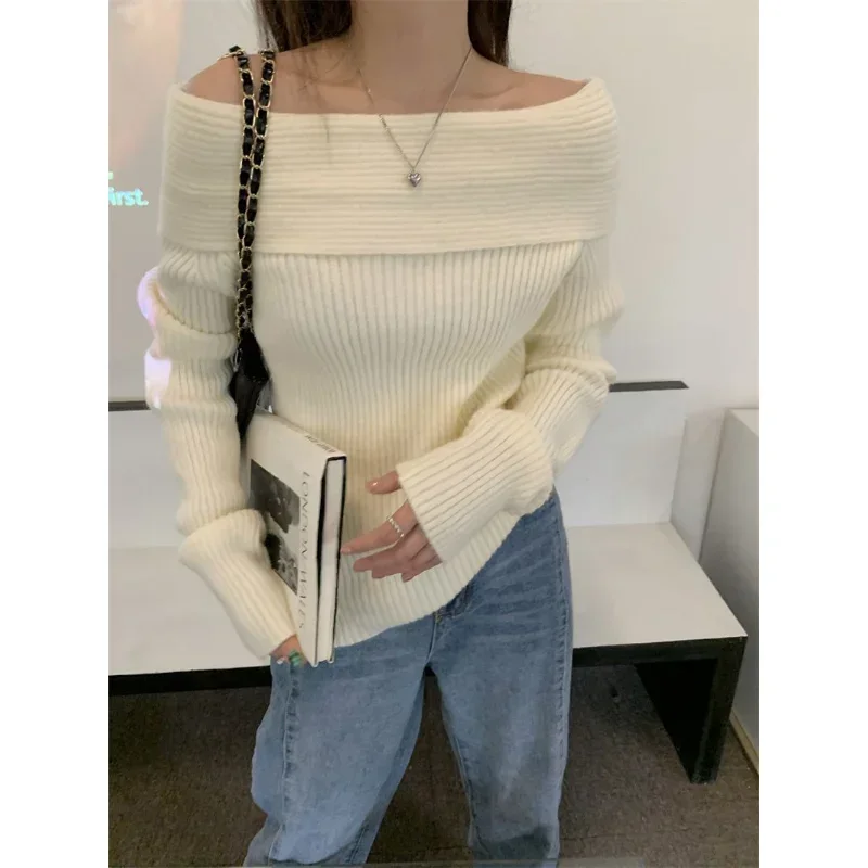 Deeptown Elegant Sweater Women Korean Style Off Shoulder Knitted Female Jumper Vintage Autumn Knitwear Harajuku Fashion Pullover