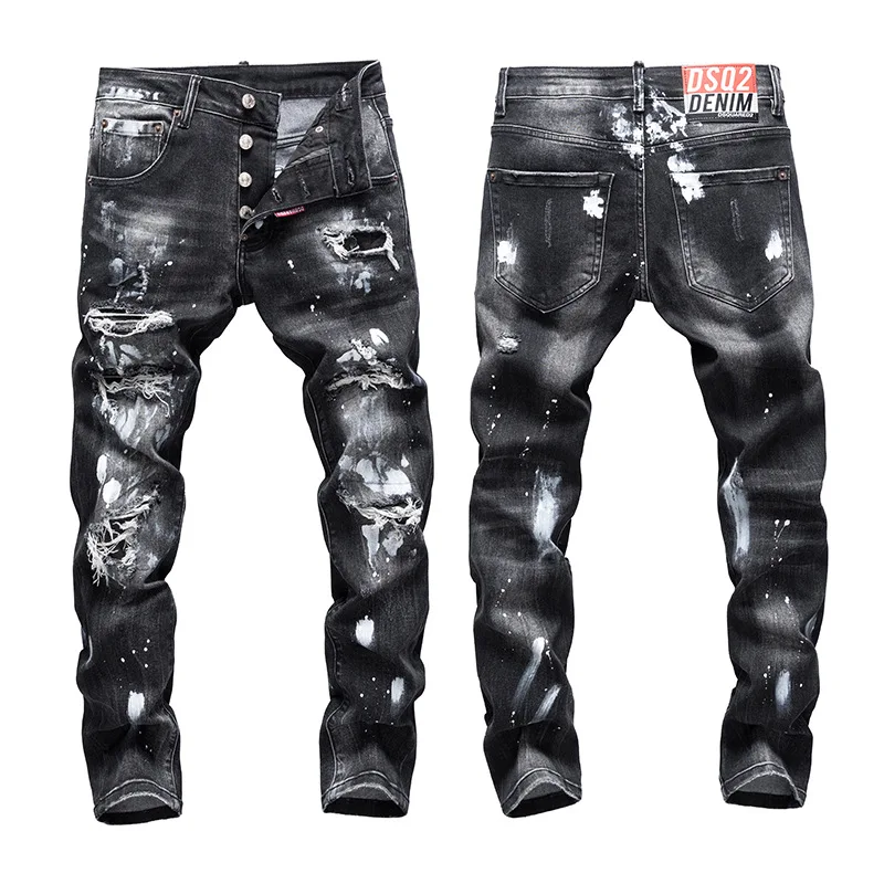 

Men's Paint Splatter Ripped Jeans Slim Fit Stretch Denim Pants with Patch Detail Casual Streetwear Trousers