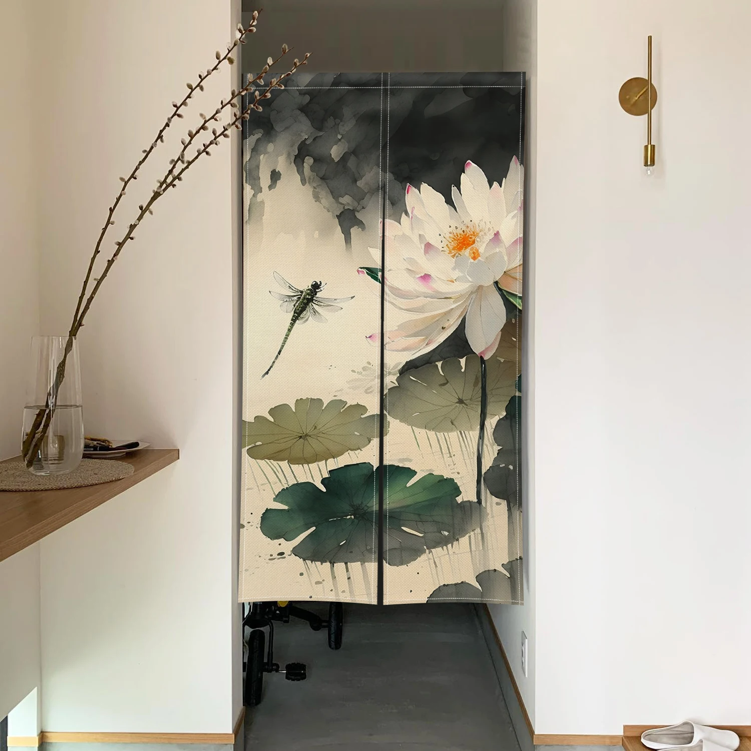 Tenda per porta in bambù con loto, lavaggio a inchiostro, pittura, tende in lino giapponese, porte, camera da letto, cucina, ingresso, decorazione, mezza tenda divisoria