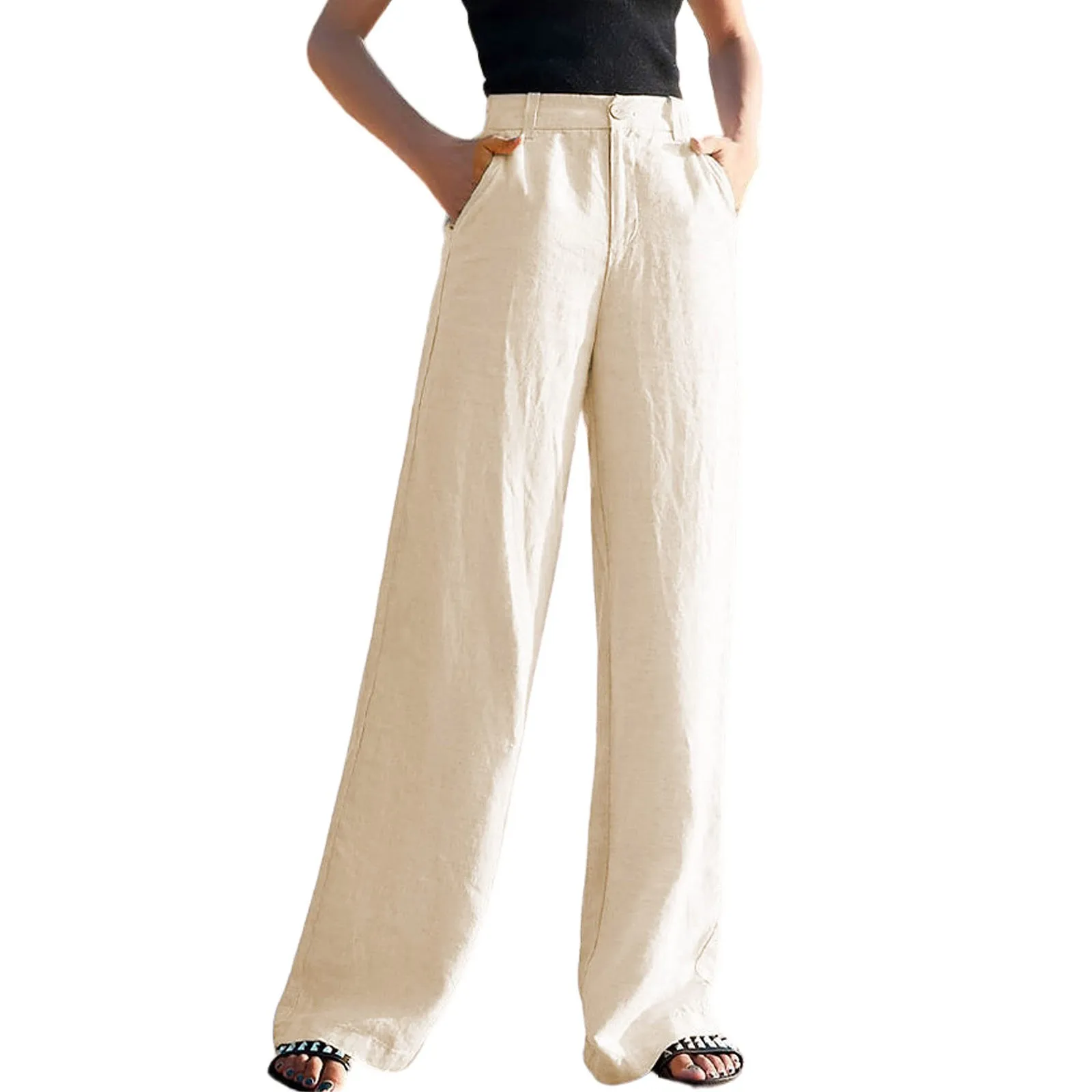 Women's Pants Summer Cotton Linen Wide Leg Pants Full Length Casual Solid White Loose High Waist Straight Trousers Women