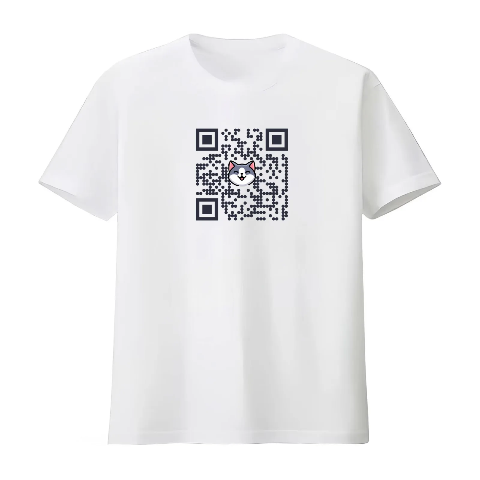 Grey Cat QR Code T-Shirt Summer Casual Cotton Tee Oversized Streetwear Tops Vintage Graphic Print Loose Fit Short Sleeve