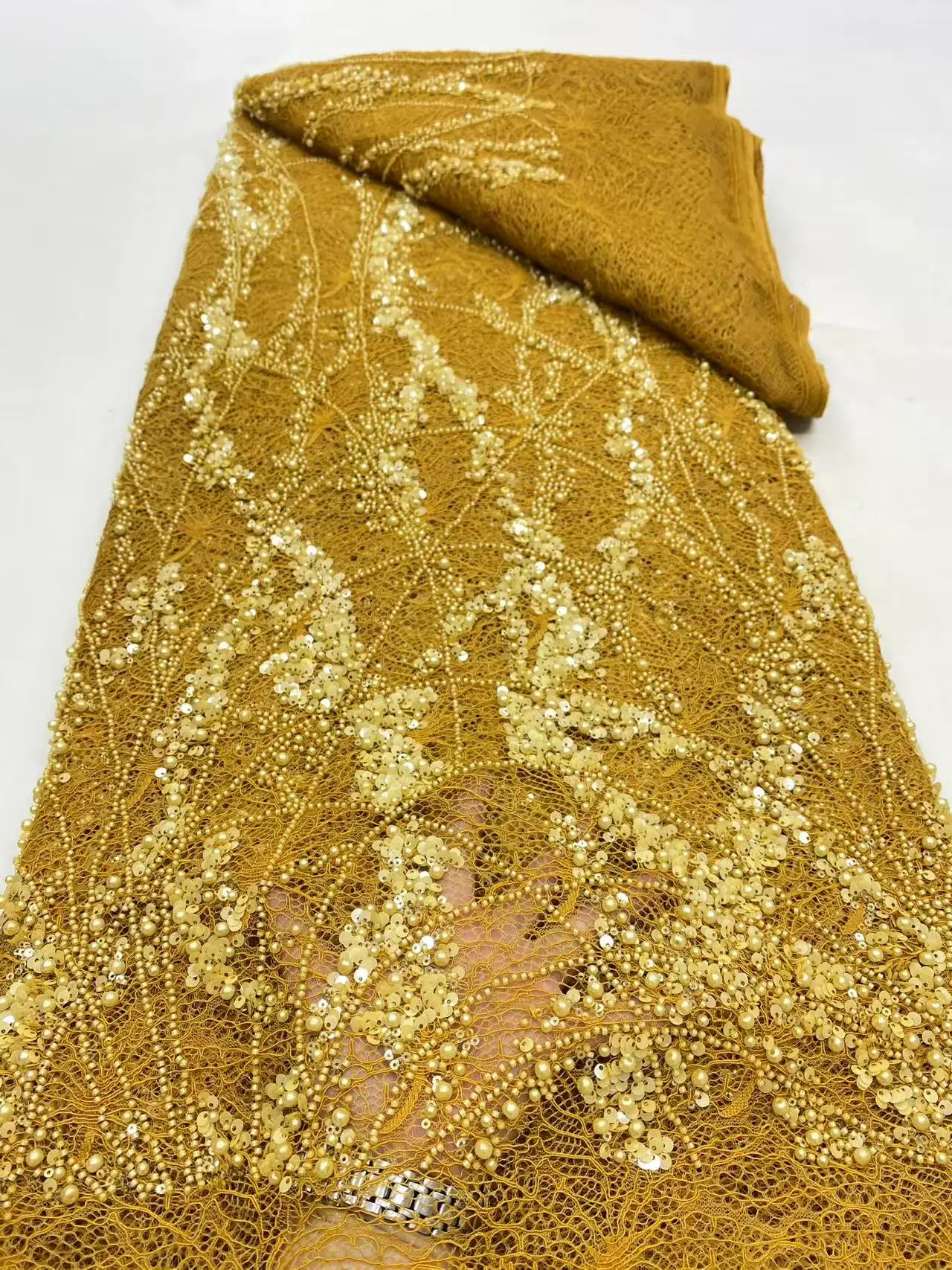 

Nigerian African High-Quality French Guipure Tulle Lace Fabric Sequins Beaded Embroidery for Wedding Party Evening Dresses 5Yard