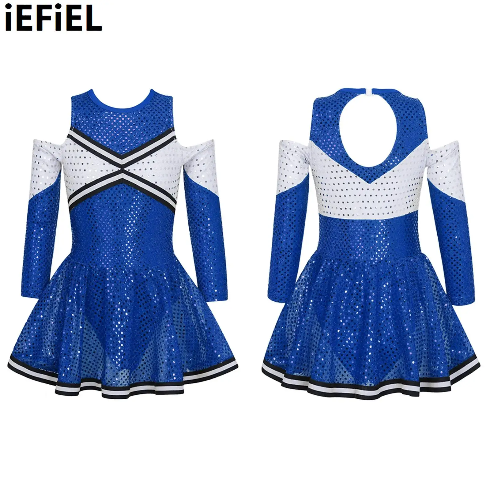 

Kids Girls Shiny Sequins Dance Dress Long Sleeve Off-shoulder Round Neckline Contrast Color Cheerleading Clothes