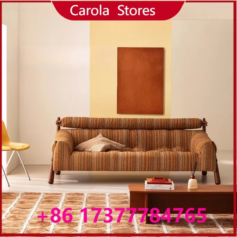 Medieval Dopamine Style Solid Ash Wood Frame 3-Seater Fabric Sofa Retro Designer Couch for Small Apartment Living Room