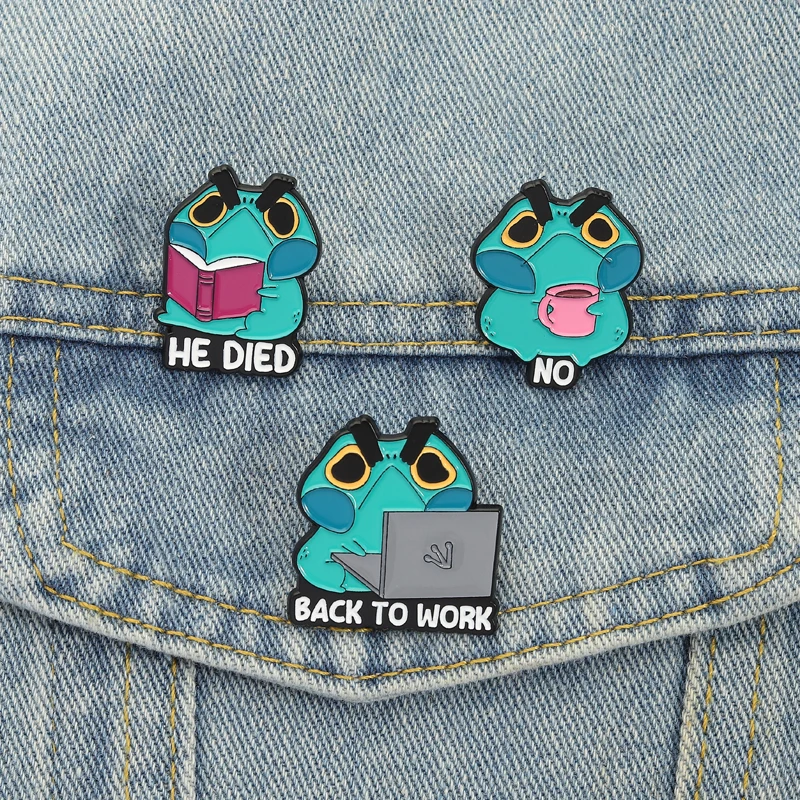 Lustige wütende Frosch-Emaille-Anstecknadeln, Kaffee-Lesebuch, Arbeitsbroschen, Anstecknadeln, Cartoon-Tier-Schmuck, Geschenk für Kinder und Freunde