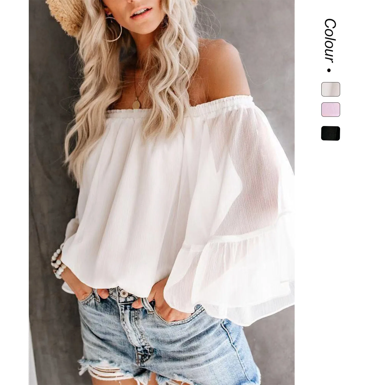 25 Fashion Sexy New One-Shoulder Loose Bell Sleeve Chiffon Blouse Women's Top Sheer 0337