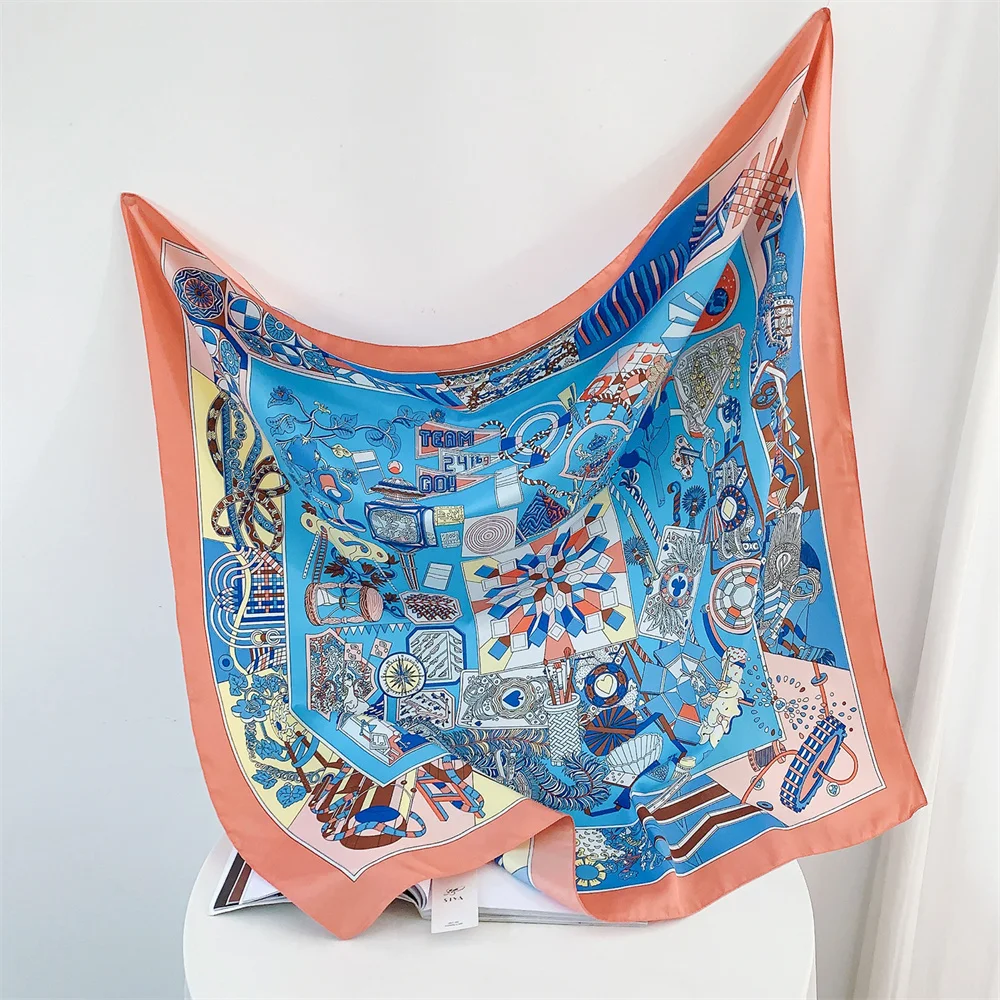 Twill Headscarf for Women Chain Geometric Print 90*90cm Square Scarf Hijab Bandana Female Neckerchief Hand Shawl Wraps Echarpe