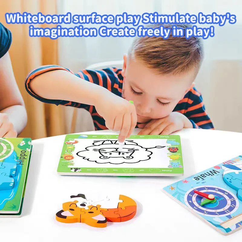 Montessori Wooden Drawing Spelling Board 3D Puzzle Game Cartoon Animal Time Clock Jigsaw Shape Matching Cognition Toy Gifts