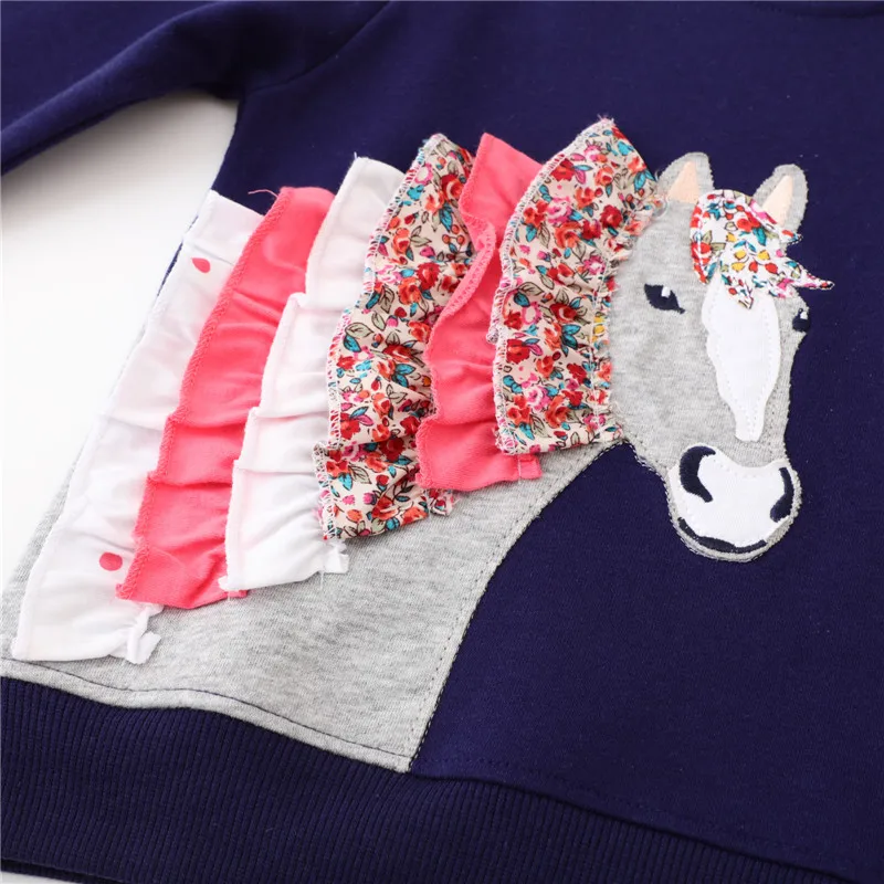 Jumping Meters Hot Selling Children\'s Girls Sweatshirts Horse Applique Autumn Winter Cartoon Kids Long Sleeve Hooded Shirts Tops