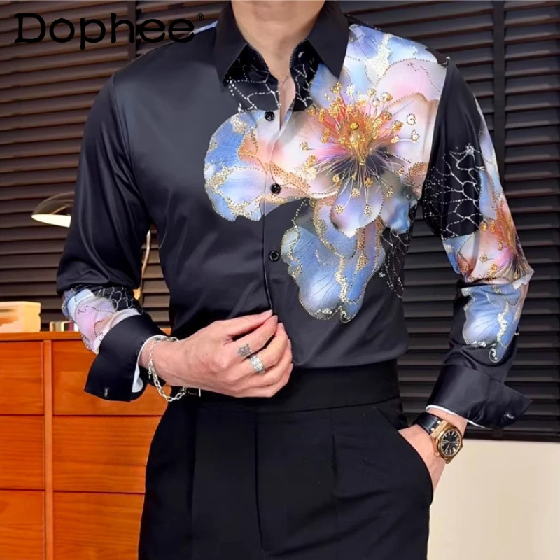 

2026 Men's Spring New Handsome Printed Hot Diamond Stylish Shirts Fashion Slimming Unique Shirts Male Elegant Long Sleeve Tops