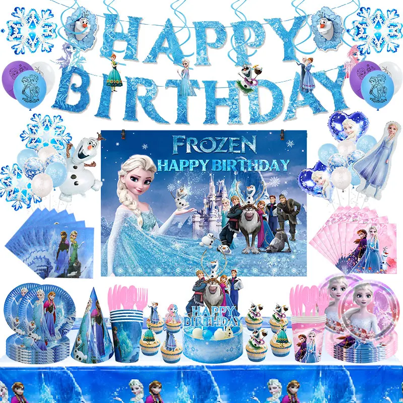 Disney Frozen Birthday Party Decorations Princess Anna Elsa Disposable Tableware Backdrop Banner Paper Cups Kid Birthday Supplie