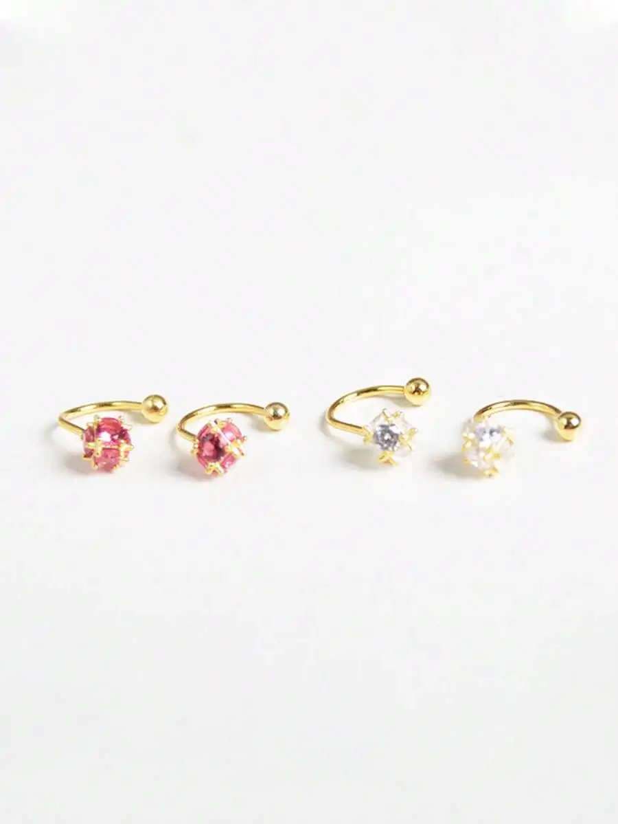 

Gold-Tone C-Shaped Navel Ring With Sparkling Pink And Clear Rhinestone Balls, Curved Hook Design, Hypoallergenic For Women