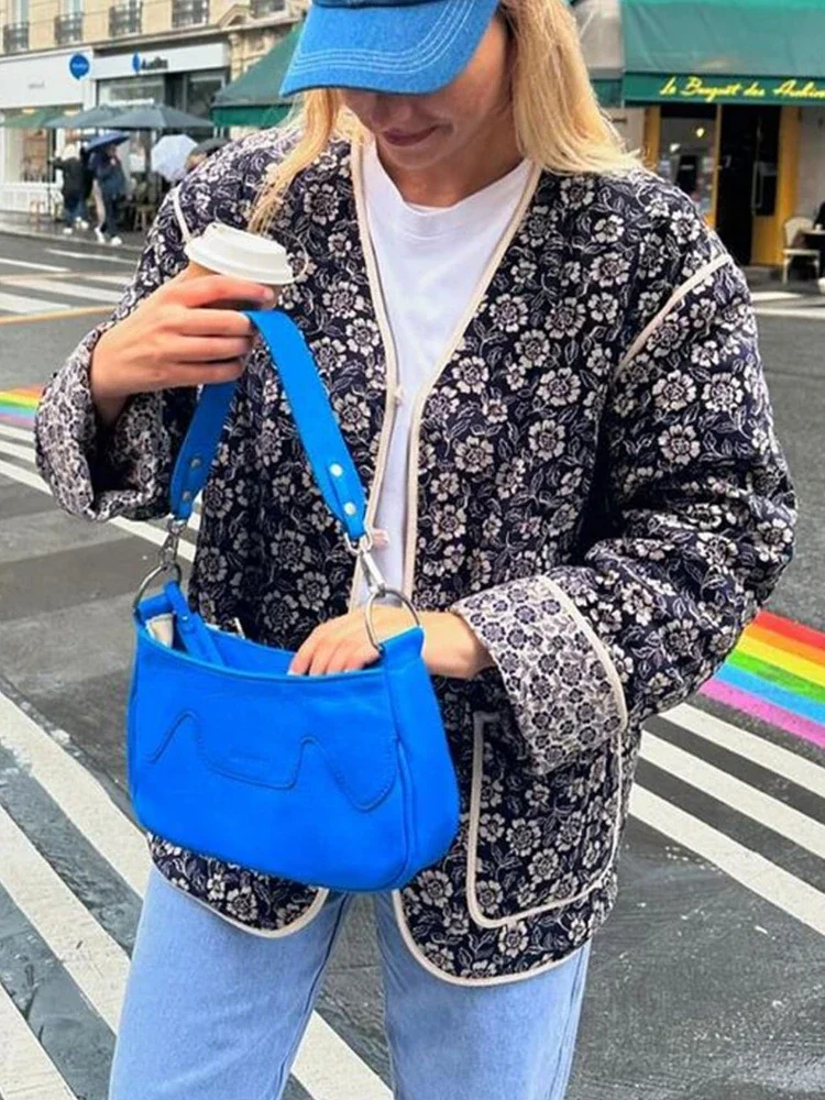 

V-neck Single-breasted Patch Pocket Loose Overcoat Fall Winter Chic Coat Women's Double-sided Floral Print Vintage Jacket Coat