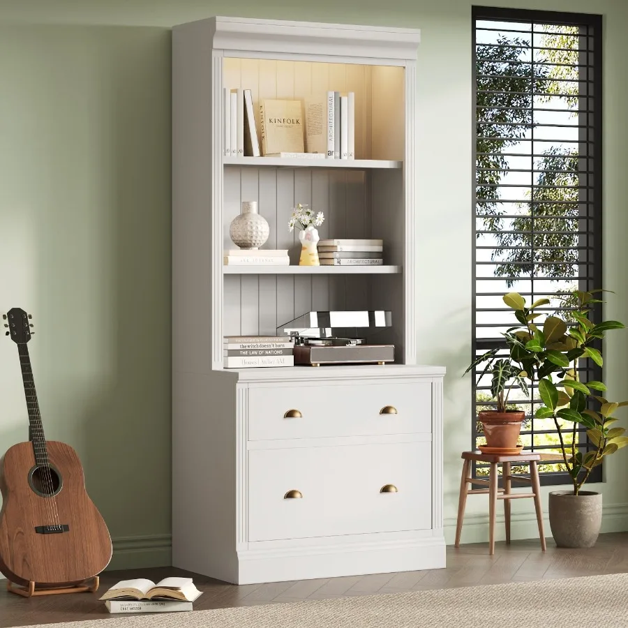 

83.4Tall Bookshelf with LED Lighting Modern Bookcase with 2 Drawer and 3 Open Shelves Storage Bookshelf for Living Room Home Of