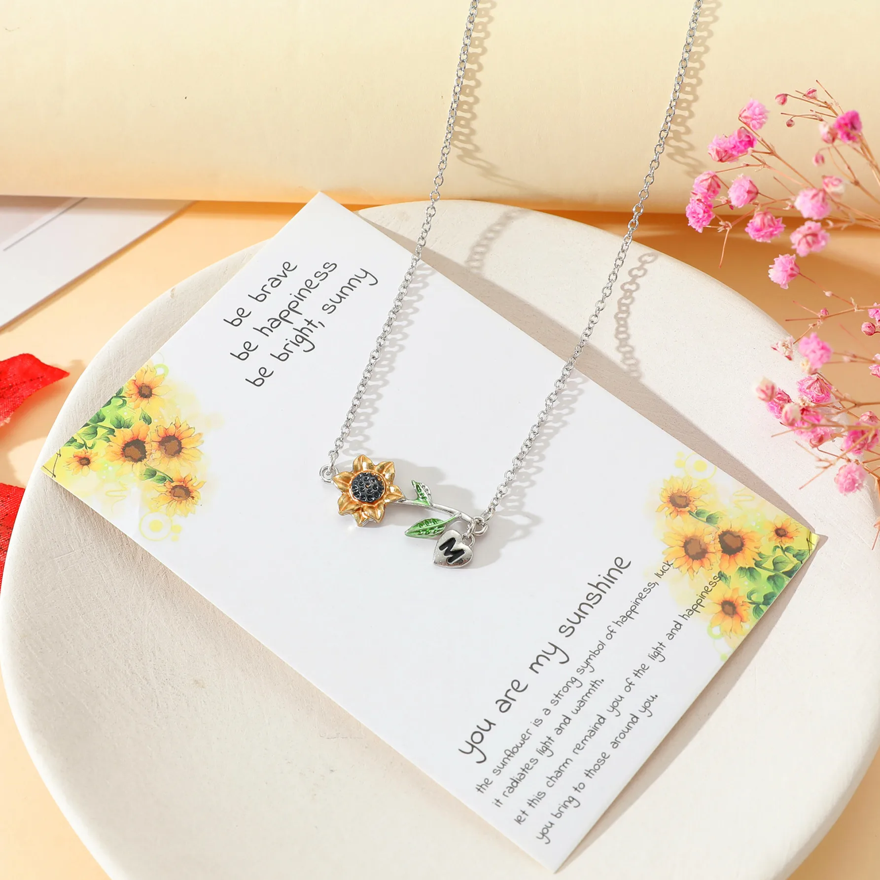 New Sunflower Pendant Necklace with Heart shaped Sunflower Drop Oil Double Layer Letter Blessing Jewelry Wholesale