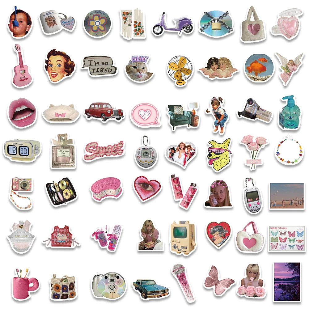 65pcs Retro Millennium Style Y2K Girls Kawaii Stickers Funny Cute Decals For Girls Suitcase Phone Guitar Stickers Kids Toys