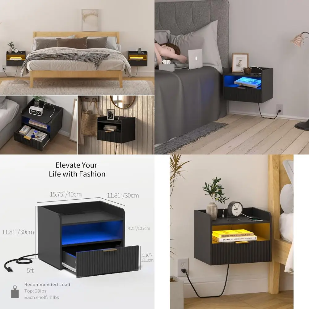 

Black LED-lit Charging Nightstand in White with Floating Design