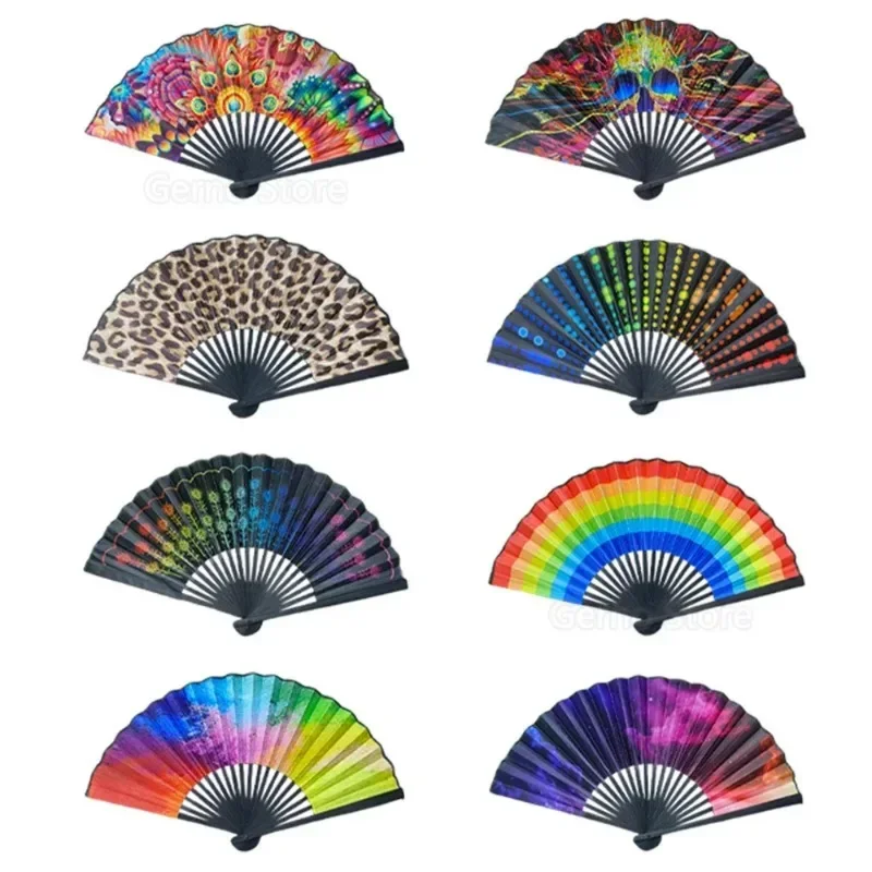 23cmClassic Folding Fan Print Black Bamboo Bone Fan Hand Fans Rainbow Cooling Handheld Fan Festival Performance Dance Fans Gifts