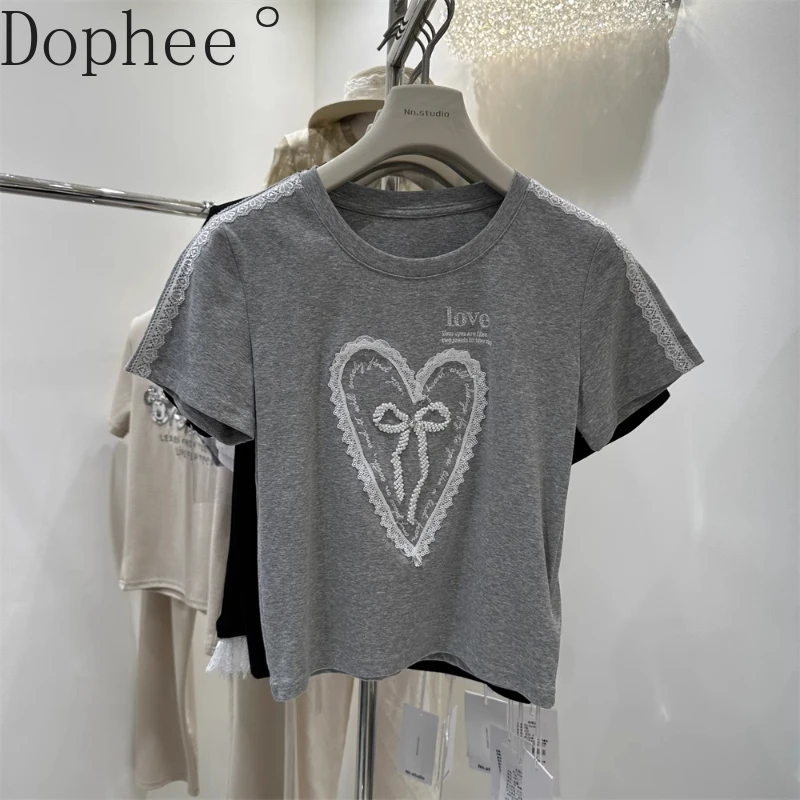 

Spice Girls Short Sleeve T-shirt 2025 New Summer All-match High Waist Crop Tees Women Love Lace Embroidery Slimming Cotton Tops