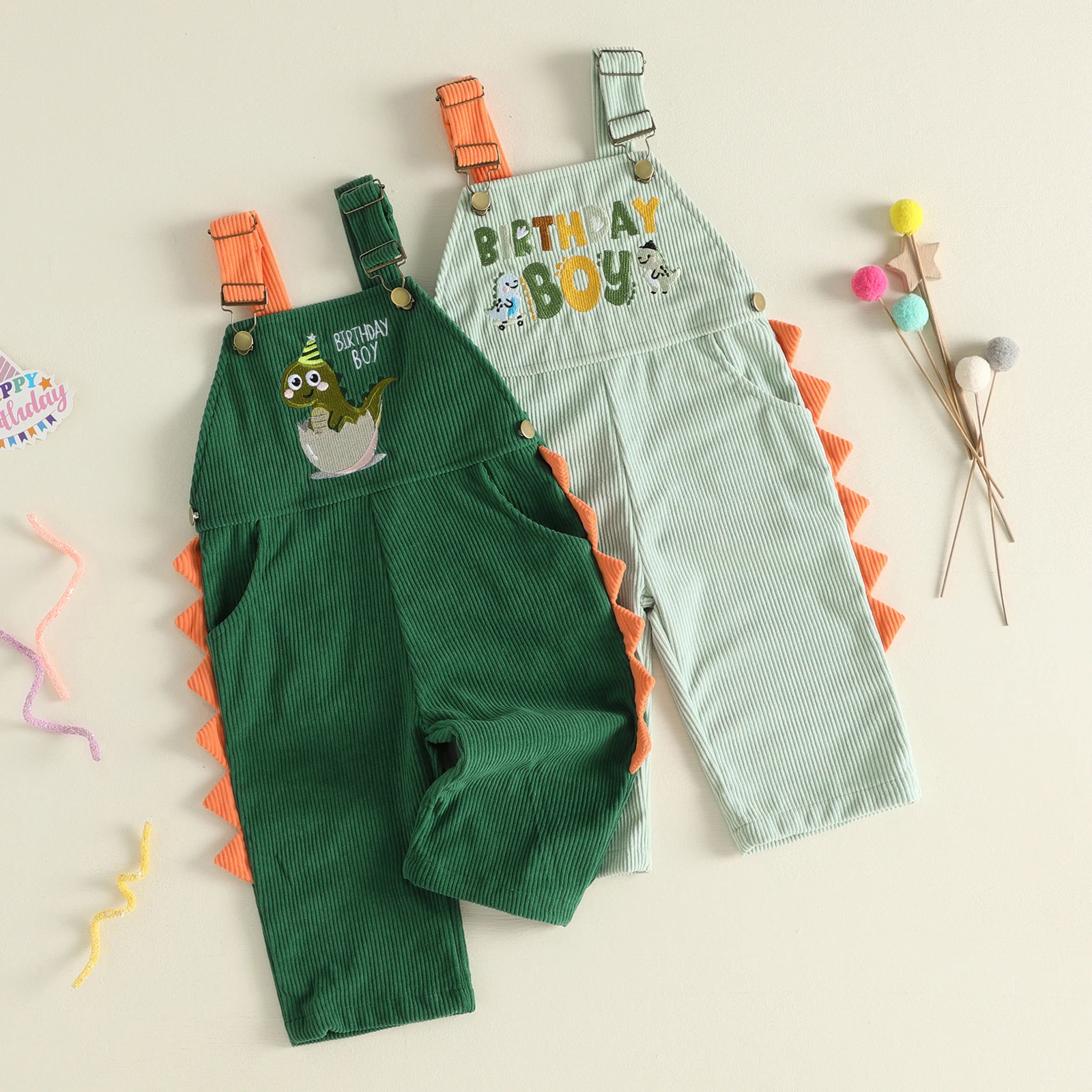Toddler Baby Boy Birthday Jumpsuits Embroidery Sleeveless Dinosaur Overall Pants Kids Autumn Corduroy Overalls