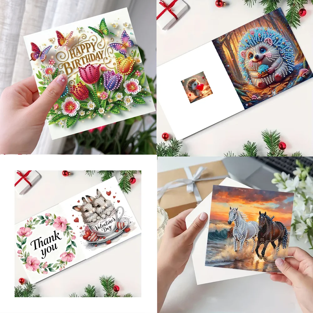 6-piece DIY Diamond Painting Birthday Card Set, featuring unique flower, butterfly, and pattern designs, with rhinestone diamond view 3