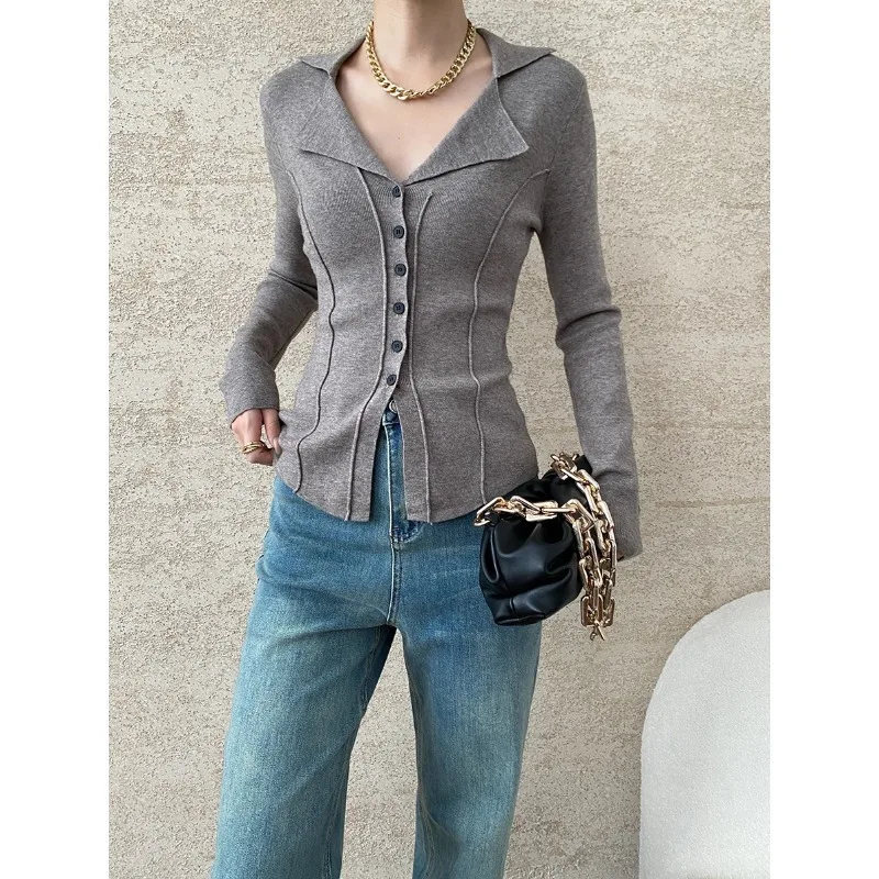 V-shaped Lapel Slim Fit Knit Cardigan Cut Double Seam Slimming Sweater