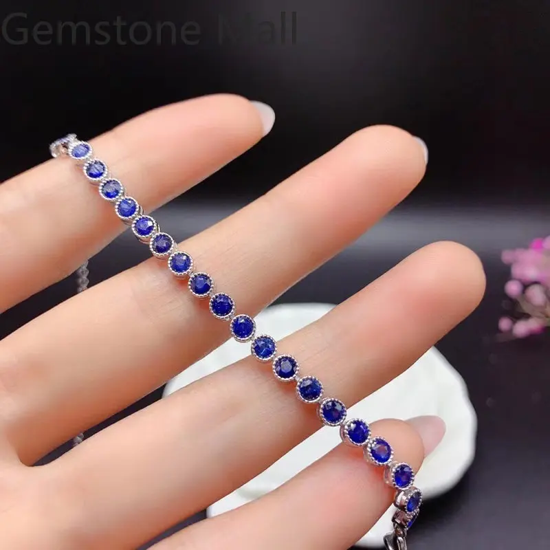 26 Pieces 3mm Total 2.6ct Natural Blue Sapphire Bracelet for Woman 925 Silver Sapphire Jewelry with 3 Layers 18K Gold Plating