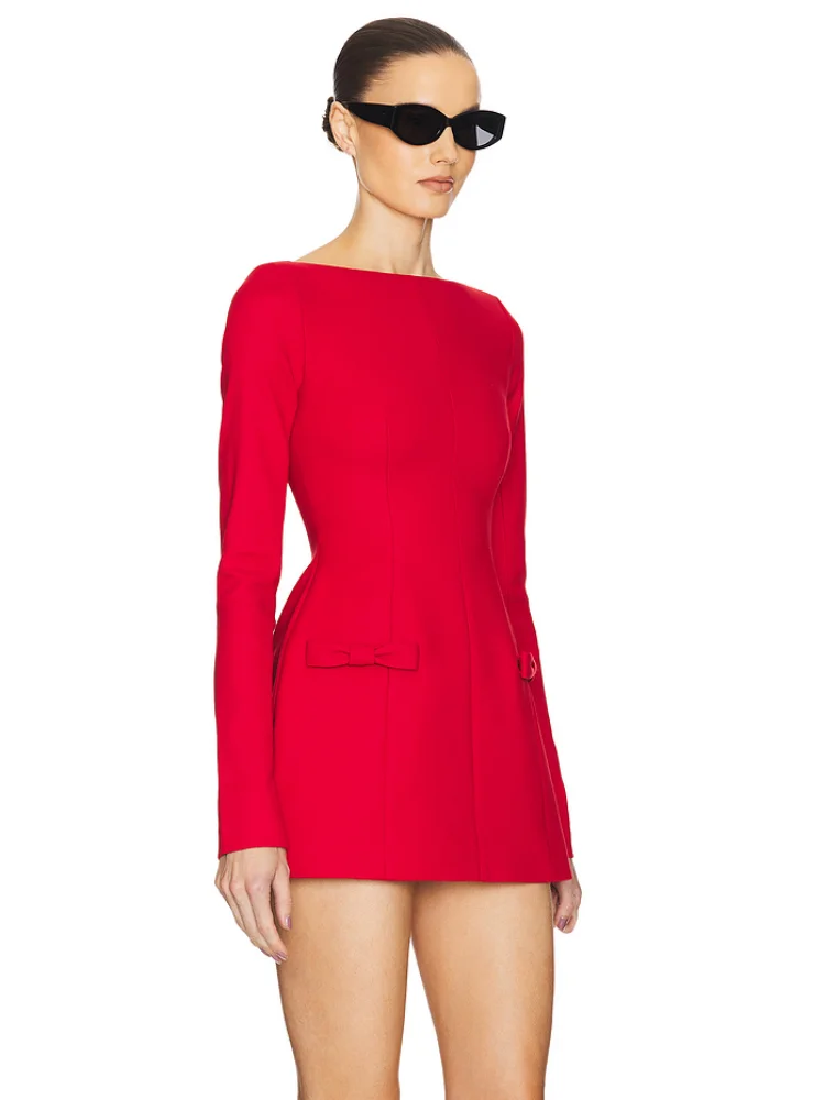 Sexy Long Sleeve Bow Design A-line Dress Women Red Black Double Bownot High Waist Mini Dresses Elegant Party Cocktail Club Gowns