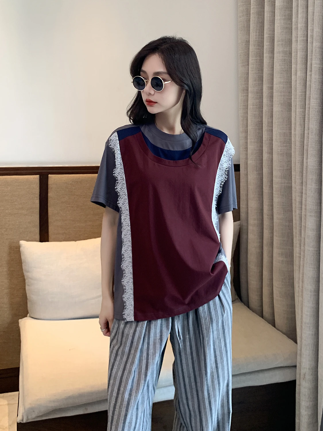 

Summer 2024 Faionable Lace Splice Loose High Waist Slimming T-irt Commute Casual Sle Cotton Knitted ort Sve round ...