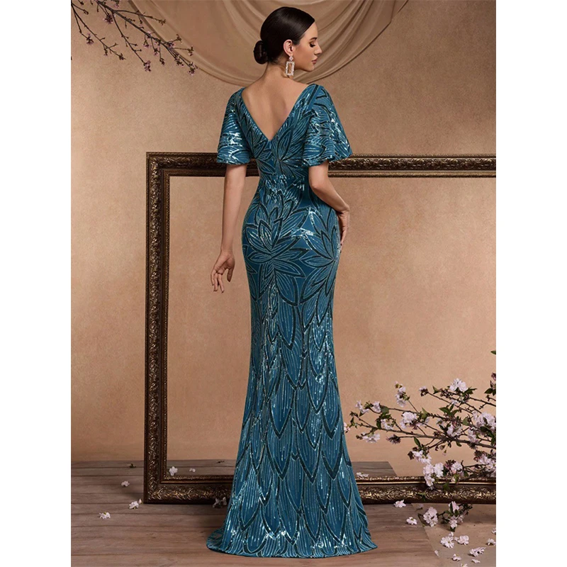 Letnia Odzież Damska Elegancka Sukienka Koktajlowa/Balowa z Rozkloszowanymi Rękawami, Głęboki Dekolt V, Niebieska, Z Cekinami, Długa Sukienka Vestido De Festa