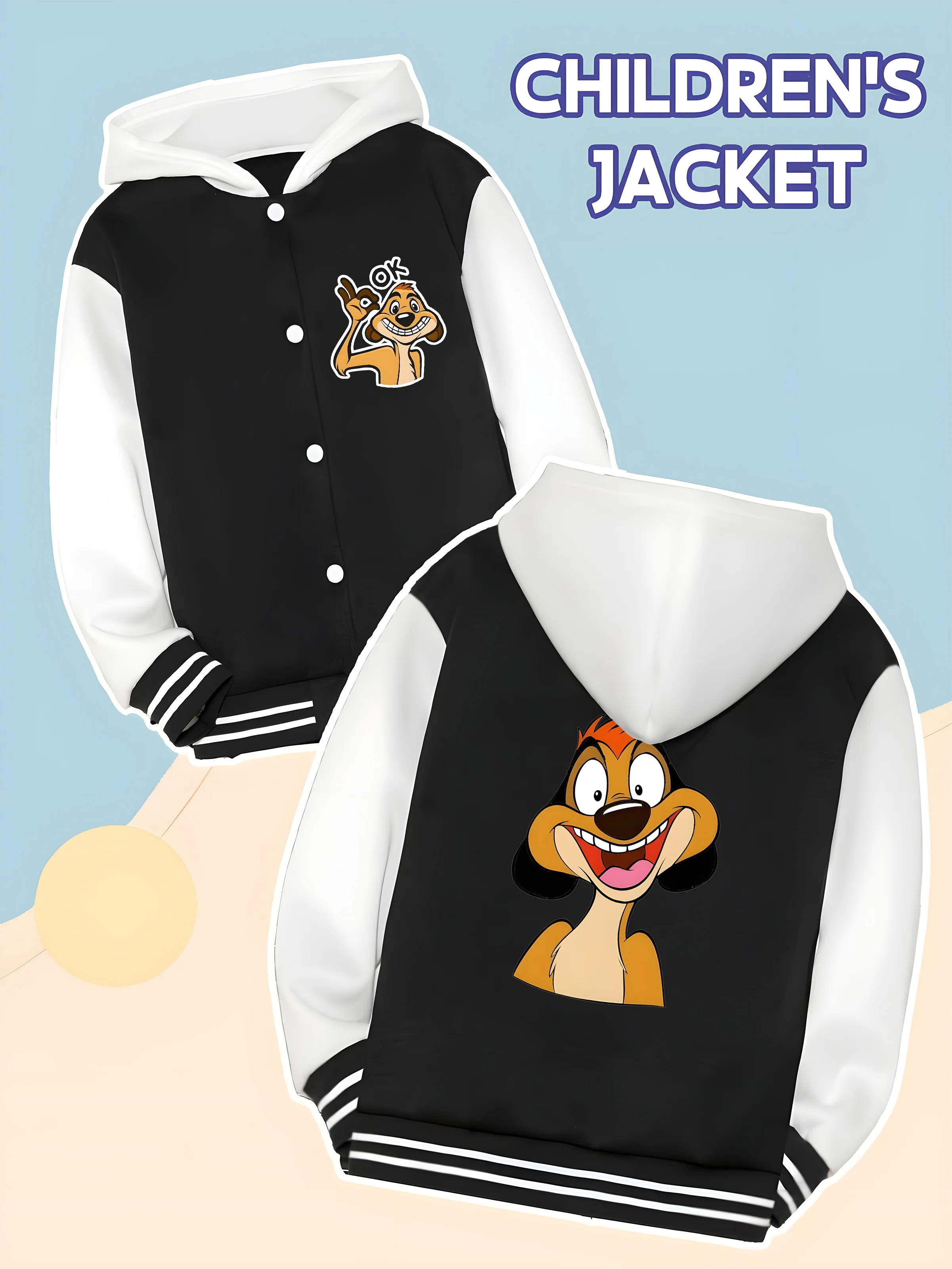 سترة بيسبول مينيسو ديزني "OK" للأولاد - نمط تيمون لطيف على الوجهين، مثالية لخريف/شتاء، ملابس يومية #3