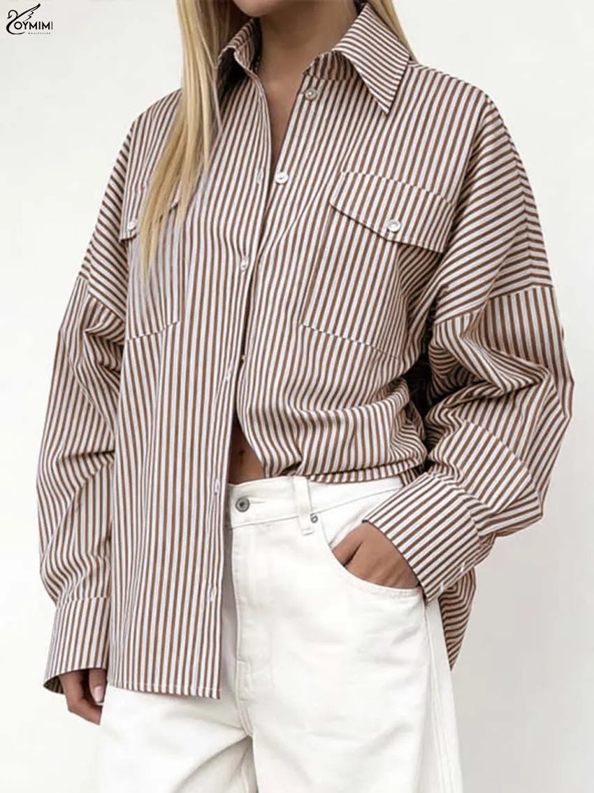 Oymimi Fashion Brown Print Woman Blouses Elegant Turn-Down Collar Long Sleeve Blouses Autumn Button Pockets Shirts Streetwear