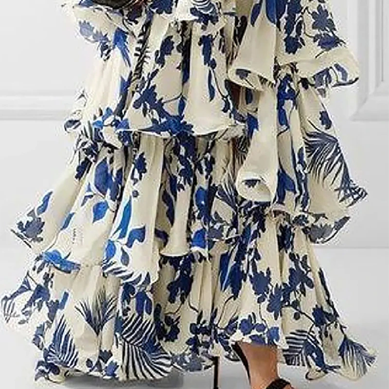 Impressão feminina verão vestido longo halter sem mangas cintura alta praia vestido de verão fora do ombro oco para fora em camadas maxi vestidos femininos