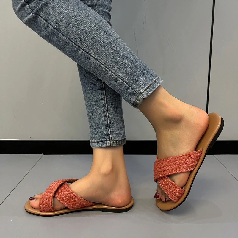 Zapatos básicos de alta calidad para mujer, zapatillas de tendencia de verano para exteriores, Punta abierta, zapatillas de fondo plano sólido, 2023