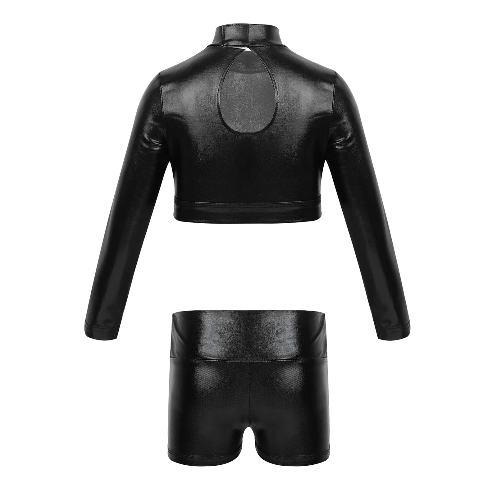 Kids Girls Hip Hop Jazz Dance Gymnastics Cheerleading Performance Dancewear Long Sleeve Crop Top with Shorts Swimwear Sportswear