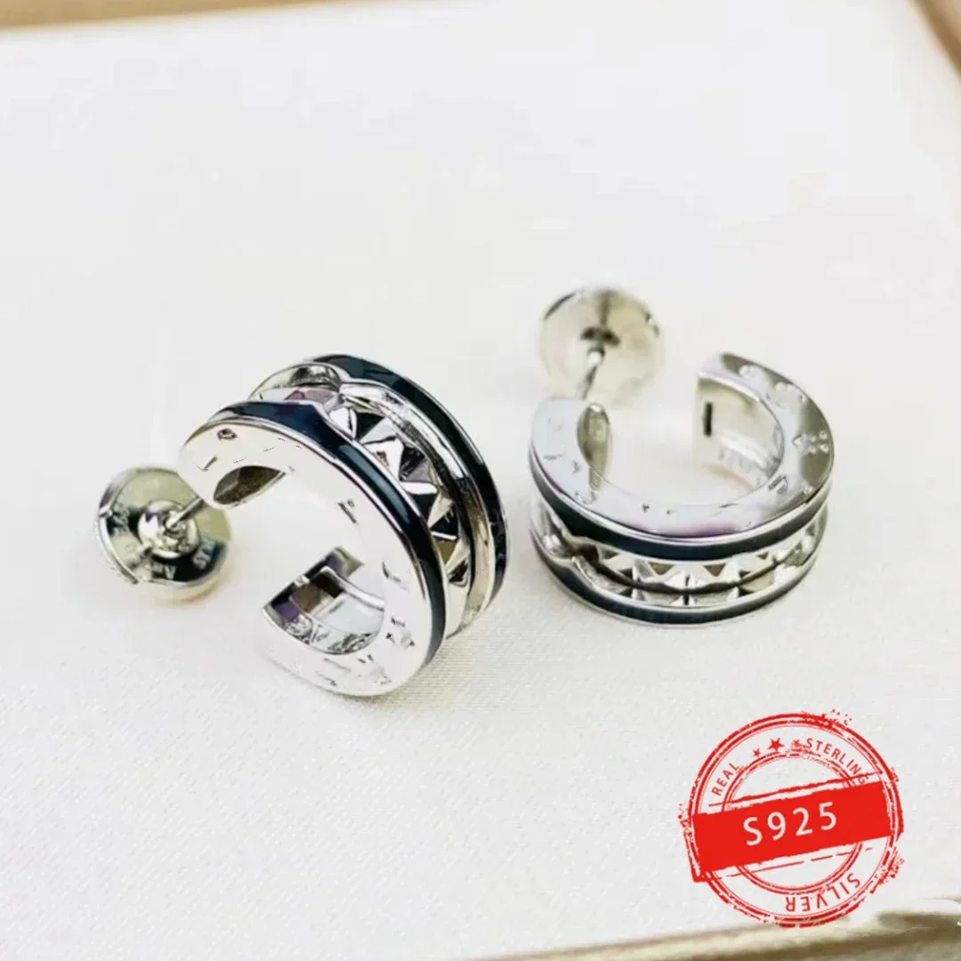 2024 Best-selling Brand BV S925 Sterling Silver Round Black Ceramic Earrings Ladies Fashion Trend Jewelry Birthday Party Gift