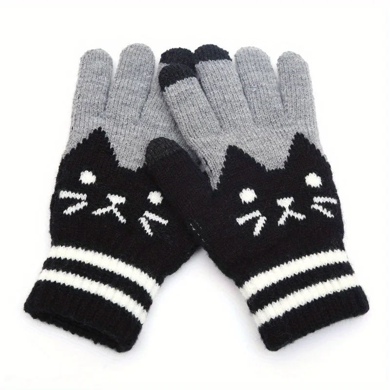 1 pair of women'swinterwarmgloves,cat jacquarddesign-softand elasticfull-finger cold-proof gloves,red&catface&paw print pattern,