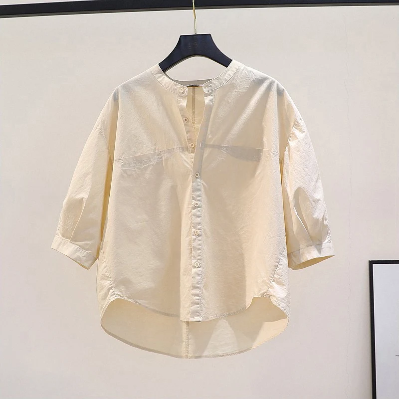 

Loose Fit Pure Cotton Button up Shirt Women's Korean Style Summer New round Neck mid Sleeve Top Splicing Design Casual Shirt