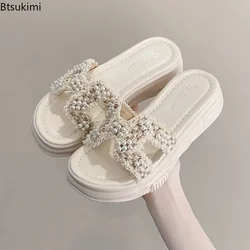 2024 Women's Summer Cute Sandals Checkerboard Design Thick Sole Matsuke Heel Sandals Slippers Cross Over Pearl Slippers Female