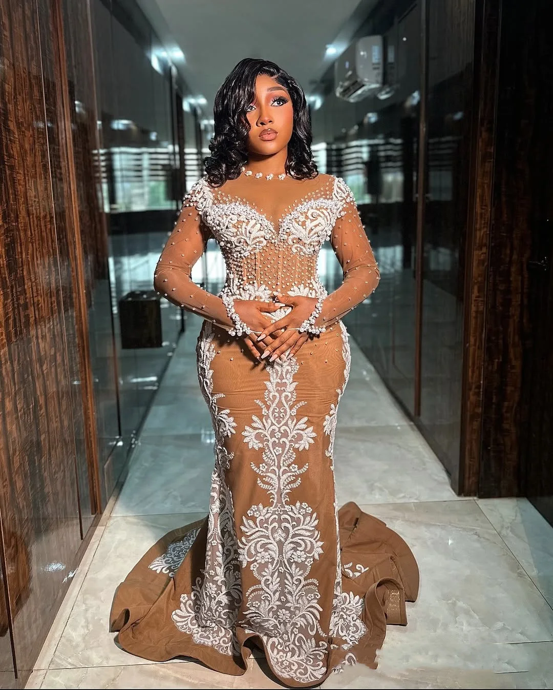 

Роскошное вечернее платье русалки Aso Ebi Длинные платья для выпускного вечера Иллюзии с аппликацией Прозрачные вечерние платья с длинными рукавами и жемчугом из бисера