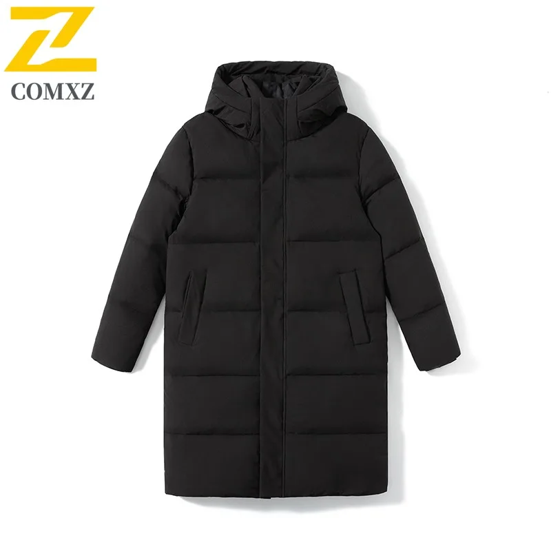 COMXZ High Quality Men Long Down Jacket Hooded Outdoor Office Lightweight Puffer Jackets Luxury Business Windproof Winter Parka